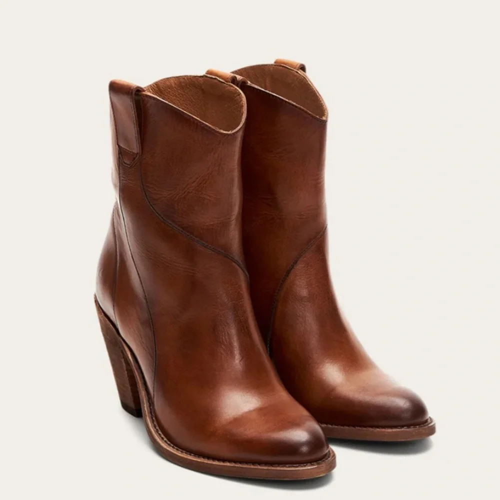 Frye Mustang Seam Short Cognac Brown Leather Cowboy Pull-on Heeled Ankle Bootie - Picture 3 of 15